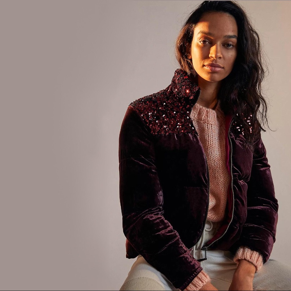 Anthropologie Maeve Vera Sequined Velvet Long Sleeve Puffer Jacket
